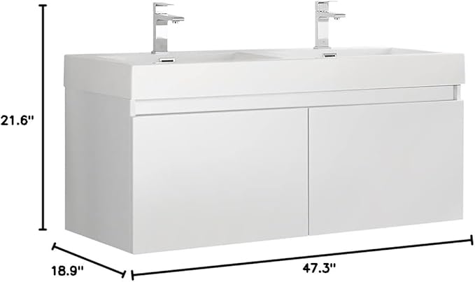 Fresca Mezzo 48 Inch White Wall Mount Modern Double Bathroom Vanity - Includes Double Integrated Sinks with 4 Soft-Closing Hidden Drawers - Faucets Not Included - FCB8012WH-I