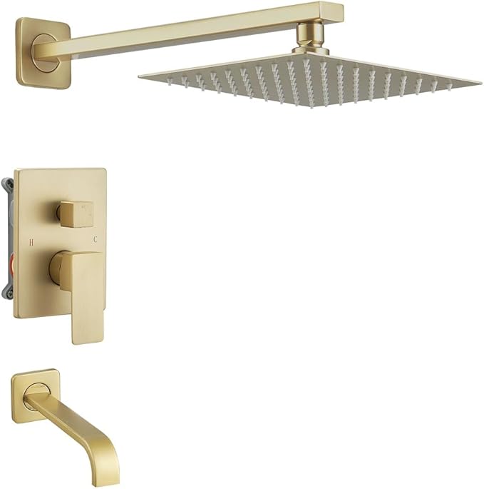 ‎Brushed Gold Shower Faucet Set with Tub Spout Bathroom Luxury Rain Mixer Shower Head System Wall Mounted Shower Faucet Complete, Single Handle Tub and Shower Trim Kit with Rough-in Valve