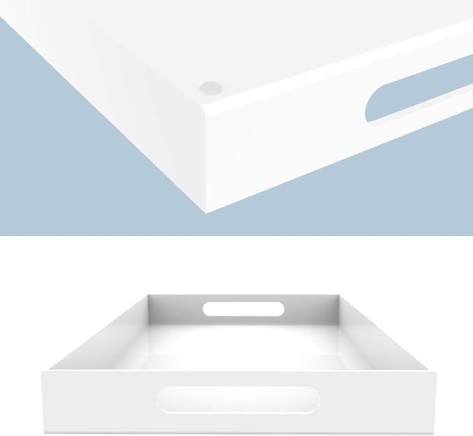 White Acrylic Serving Tray for Vanity, Bathroom, Ottoman, Organizer and Décor with Handles (Rectangle, Large)