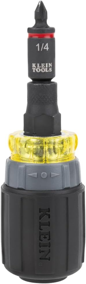 Klein Tools 32561HDRT KNECT 7-in-1 Ratcheting Screwdriver, Impact Rated, Stubby with Phillips, Slotted Bits, 3 Nut Drivers, Adapter, 7-Piece