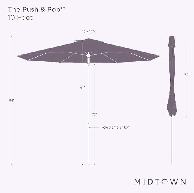 Midtown Umbrellas Push and Pop 10 Feet Outdoor Umbrella, Ebony (Black) Polyester Fabric - Fiberglass Ribs Deck Patio Umbrella, Backyard Umbrella, Garden Umbrella & Pool Umbrella - Black Pole