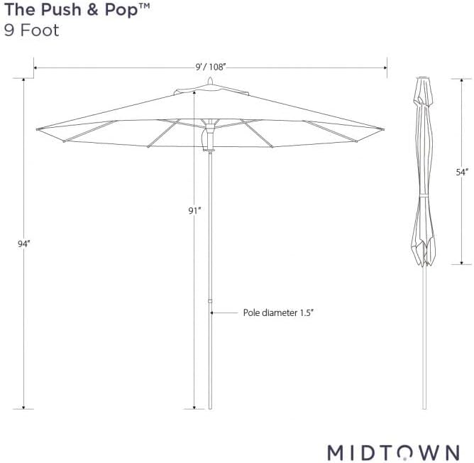 Midtown Umbrellas Push and Pop 9 Feet Outdoor Umbrella, Ivory (White) Polyester Fabric - Fiberglass Ribs Deck Patio Umbrella, Backyard Umbrella, Garden Umbrella & Pool Umbrella - Black Pole