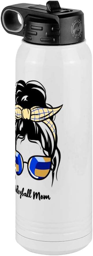 Volleyball Mom Water Bottle, Messy Bun, White 30 oz Polar Camel with Straw Lid, Stainless Steel, Vacuum Insulated