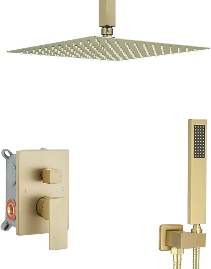 ‎Brushed Gold Shower System Bathroom 12 Inch Rain Shower Head Ceiling Mount with Handheld Luxury High Pressure Shower Combo Set Shower Faucet Rough-in Valve Body and Trim Included