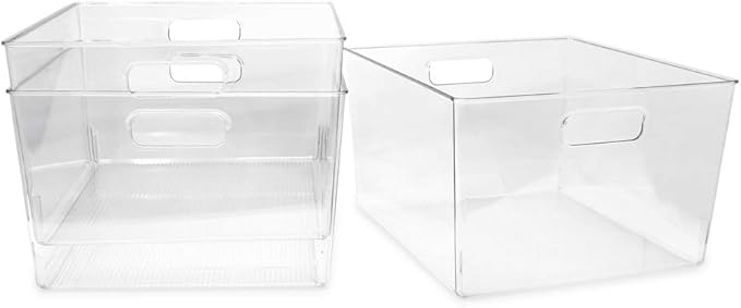 Isaac Jacobs 3-Pack XL Clear Storage Bins with Handles, Plastic Organizer for Office, Home, Kitchen, Pantry, Closet, Kids Room, Cube Shelf, Non-Slip Container Set (3-Pack, Extra-Large)
