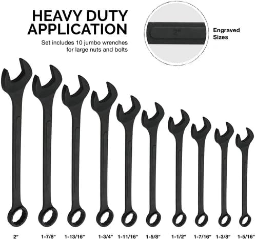 Neiko 03129A Jumbo Combination Wrench Set, 10-Piece Open-End Wrench Set, SAE Sizes 1 5/16 Inches to 2 Inches for Large Vehicles, Black Oxide Finish