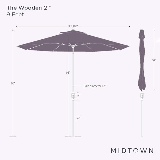 Midtown Umbrellas Sunbrella Umbrella Outdoor Patio Umbrella 2-9 Feet in Sunbrella Yellow Acrylic Fabric, Auto-Tilt Aluminum Frame For Backyard Umbrella, Deck Umbrella & Porch Umbrella - Wooden Pole