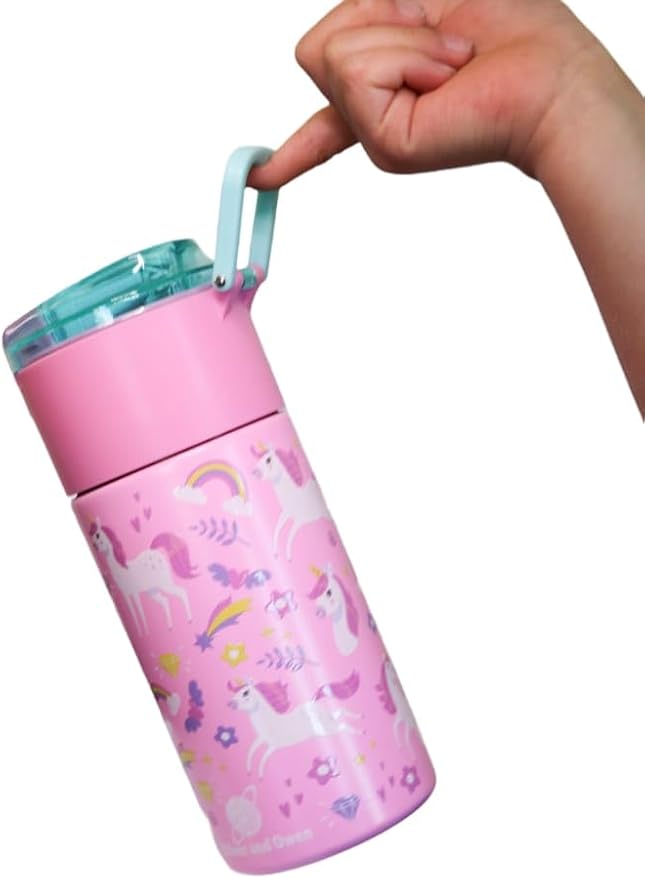 Kids insulated water bottle with straw and snack cup. Double wall stainless steel 14oz (Pink Unicorn)