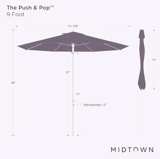 Midtown Umbrellas Push Pop Sunbrella Umbrella 9 Feet Outdoor Umbrella in Canvas Navy Acrylic - Patio Umbrella, Backyard Umbrella, Garden Umbrella, Picnic Table Umbrella & Pool Umbrella - Black Pole