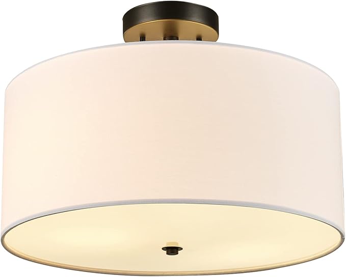 Globe Electric 61272 Maria 1-Light Flush Mount Ceiling Light, Dark Bronze, White Fabric Shade,Brown, Bulb Not Included