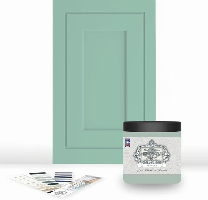 ALL-IN-ONE Paint, Durable cabinet and furniture paint. Built in primer and top coat, no sanding needed. Includes our 30 featured color card - Honest (mint green), 8oz Sample