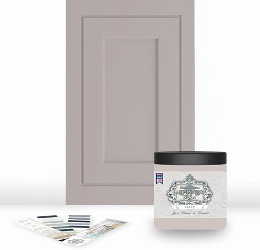 ALL-IN-ONE Paint, Durable cabinet and furniture paint. Built in primer and top coat, no sanding needed. Includes our 30 featured color card - Haze, 8oz Sample