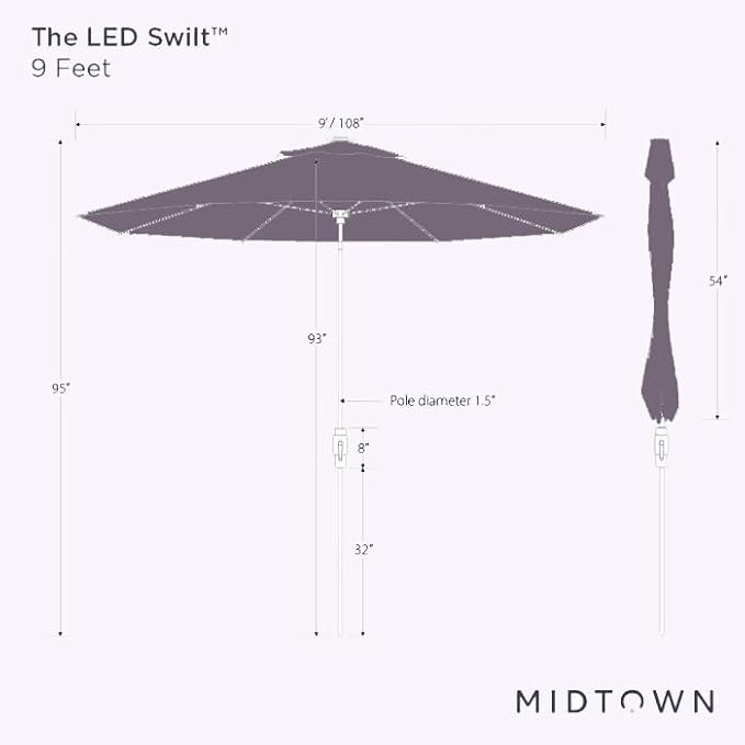 Midtown Umbrellas Led Swilt Sunbrella Umbrella 9 Ft Patio Umbrella With Sunbrella Burgundy Acrylic Fabric - Deck Patio Umbrella, Backyard Umbrella, Garden Umbrella & Pool Umbrella - Black Pole