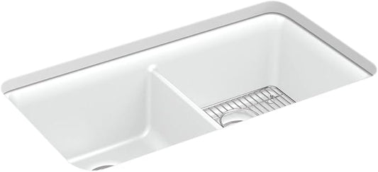 KOHLER K-8199-CM6 Cairn Sink, 33" Neoroc Composite Undermount Double-Bowl Kitchen Sink, Composite Kitchen Sink with Sink Rack, Matte White