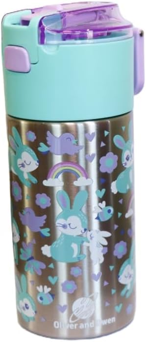 Kids insulated water bottle with straw and snack cup. Double wall stainless steel 14oz (lilac and turquoise bunnie)