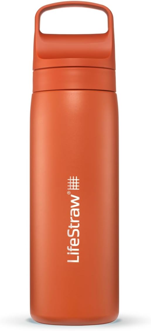 LifeStraw Go Series – Insulated Stainless Steel Water Filter Bottle for Travel and Everyday Use, 18oz Kyoto Orange