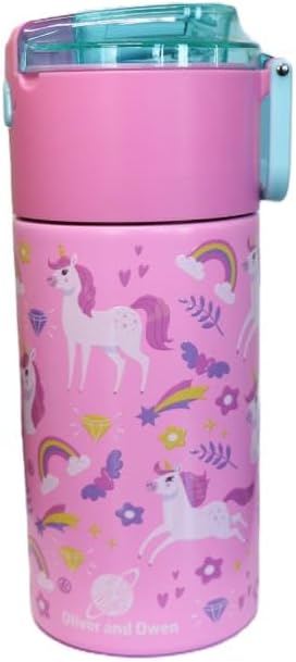 Kids insulated water bottle with straw and snack cup. Double wall stainless steel 14oz (Pink Unicorn)