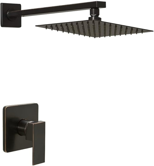 Oil Rubbed Bronze Shower Faucet Set, Single Function Shower Trim Kit with Rough-in Valve, Square Rain Shower Head System Included Extra Long Shower Arm for Bathroom