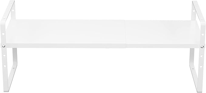 iPEGTOP Expandable Cabinet Storage Shelf Organizer Rack, Heavy Duty Cupboard Stand Spice Rack Adjustable Height Garage Pantry Shelf Space Riser for Counter Kitchen Organization, White, 1 Pack