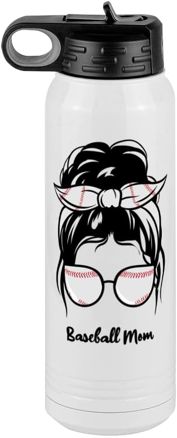 Baseball Mom Water Bottle, Messy Bun, White 30 oz Polar Camel with Straw Lid, Stainless Steel, Vacuum Insulated