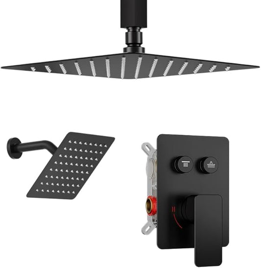 Shower Faucets Sets Shower System Matte Black, STARBATH 12" Ceiling Mount Rain Showerhead and 8" Wall Mounted Rainfall Shower for Couples, On Off Button Valve Dual Head Shower Systems Complete