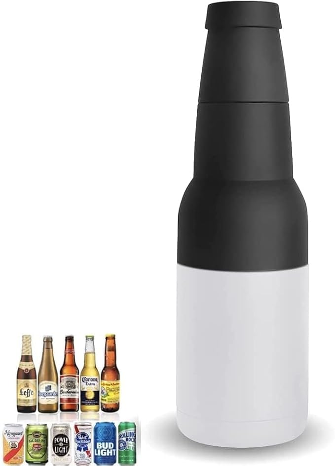 3 in 1 Beer Bottle and Can Cooler, Vacuum Insulated Double Walled Stainless Steel Cooler with Beer Opener, 12 oz Slim Can Insulator Holder (White)