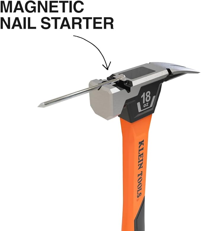 Klein Tools H80918 Smooth Face Fiberglass Hammer with Straight Claw, 18-Ounce Forged Steel, Magnetic Nail Starter, and Extra-Large Squared Strike Face