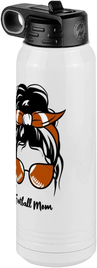 Football Mom Water Bottle, Messy Bun, White 30 oz Polar Camel with Straw Lid, Stainless Steel, Vacuum Insulated
