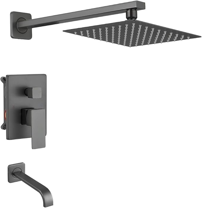 Grey Shower Faucet Set with Tub Spout Bathroom Luxury Rain Mixer Shower Head System Wall Mounted Shower Faucet Complete, Single Handle Tub and Shower Trim Kit with Rough-in Valve