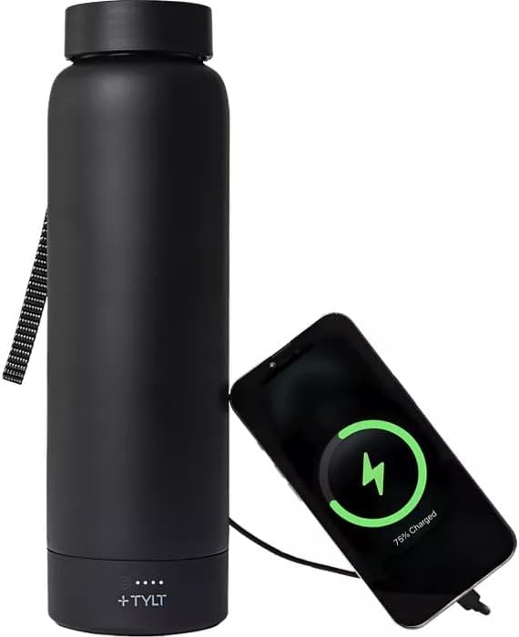 TYLT Power Bottle 2.0, All-In-One 24 oz Stainless Steel Wide Mouth Water Bottle & Removable 5700 MAH Portable Power Bank, Dishwasher Safe, Cup Holder Compatible, Lanyard Handle, Black