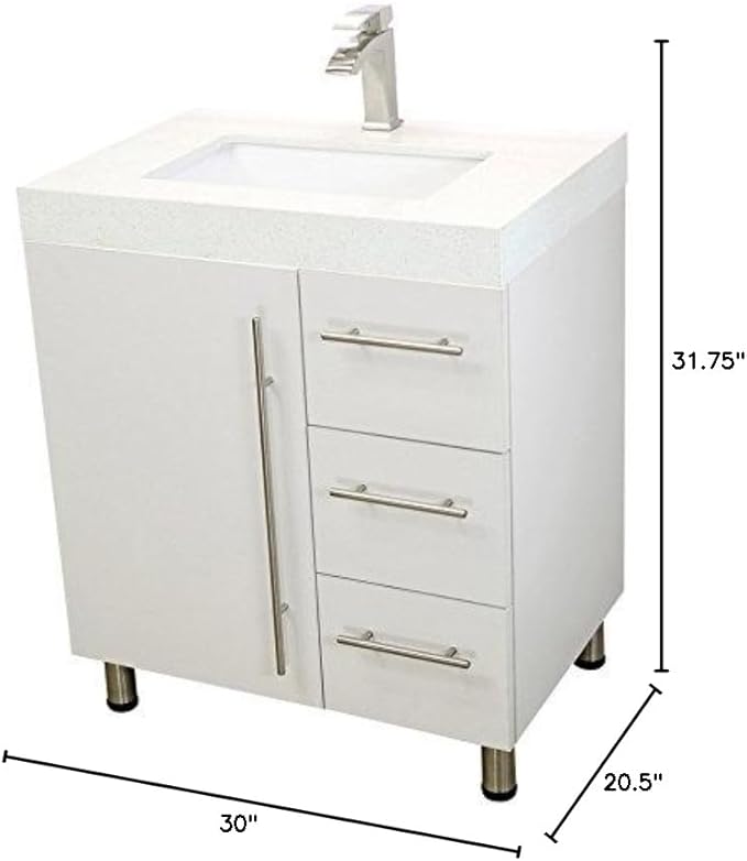 30" Freestanding Bathroom Vanity, White Texture Embossed. White Integrated Countertop