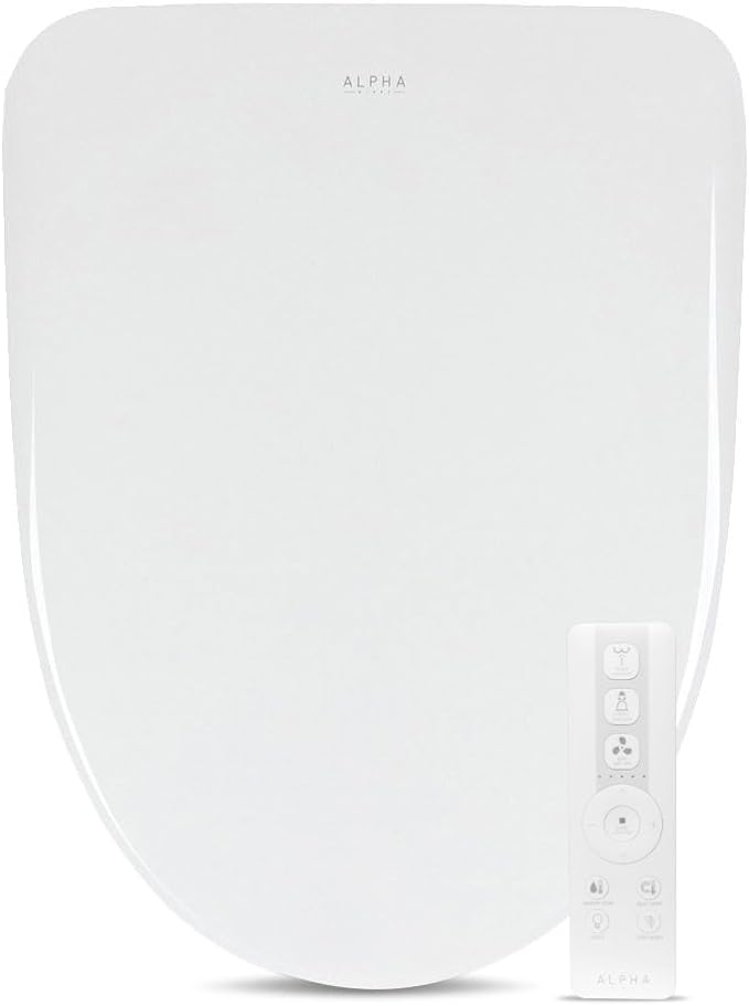 ALPHA BIDET iX Pure Bidet Toilet Seat in Elongated White | Ultra Low Profile | Endless Warm Water | Arced Stainless Steel Nozzle | Blue LED Nightlight | Dryer
