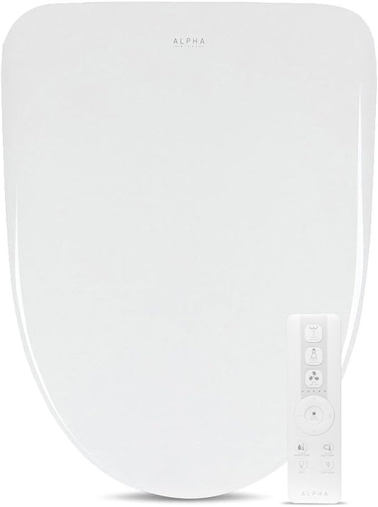 ALPHA BIDET iX Pure Bidet Toilet Seat in Elongated White | Ultra Low Profile | Endless Warm Water | Arced Stainless Steel Nozzle | Blue LED Nightlight | Dryer