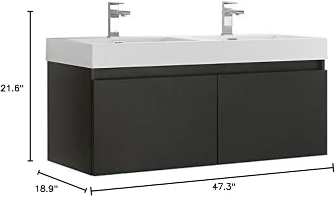 Fresca Mezzo 48 Inch Black Wall Mount Modern Double Bathroom Vanity - Includes Double Integrated Sinks with 4 Soft-Closing Hidden Drawers - Faucets Not Included - FCB8012BW-I