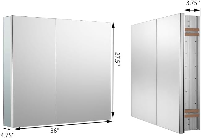 Sunrosa Aluminum Bathroom Medicine Cabinet with Mirror Door, 36"27.5" Wall-mountable and Recessed-in Cabinet, 2 Asymmetrical Doors Organizer