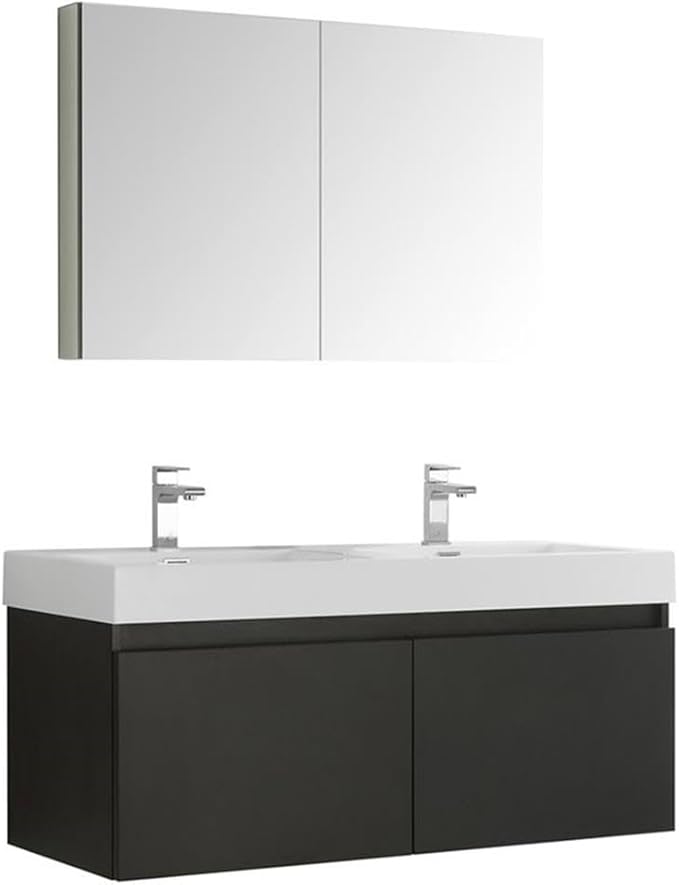Fresca Mezzo 48 Inch Black Wall Hung Modern Double Bathroom Vanity and Medicine Cabinet - Includes Double Integrated Sinks with 4 Soft-Closing Hidden Drawers - Faucets Not Included - FVN8012BW