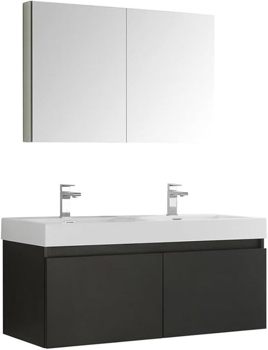 Fresca Mezzo 48 Inch Black Wall Hung Modern Double Bathroom Vanity and Medicine Cabinet - Includes Double Integrated Sinks with 4 Soft-Closing Hidden Drawers - Faucets Not Included - FVN8012BW