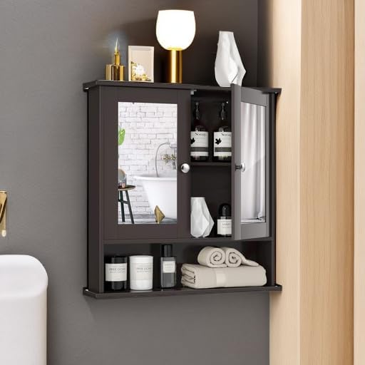 Tangkula Bathroom Medicine Cabinet with Mirror, Wall Mounted Wooden Hanging Organizer with Doors and Shelves, Bathroom Wall Mirror Cabinet (Mirror Doors, Brown)