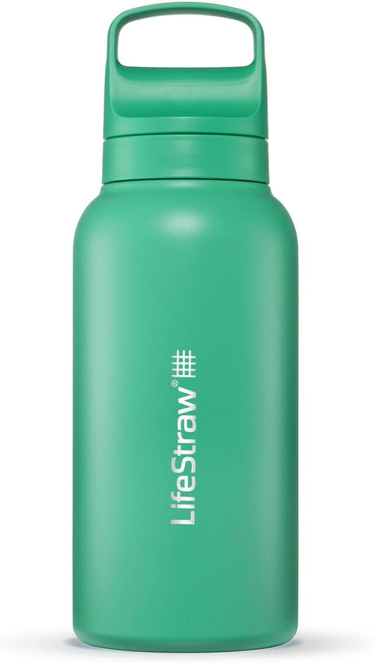 LifeStraw Go Series – Insulated Stainless Steel Water Filter Bottle for Travel and Everyday Use, 1L Cactus Green