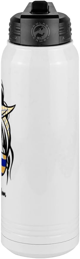 Volleyball Mom Water Bottle, Messy Bun, White 30 oz Polar Camel with Straw Lid, Stainless Steel, Vacuum Insulated