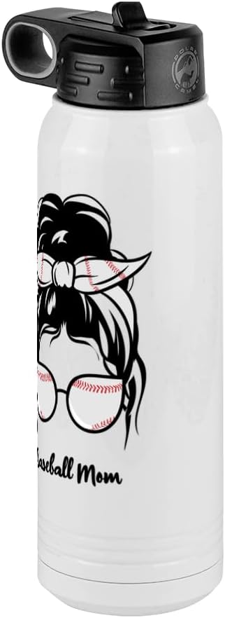 Baseball Mom Water Bottle, Messy Bun, White 30 oz Polar Camel with Straw Lid, Stainless Steel, Vacuum Insulated