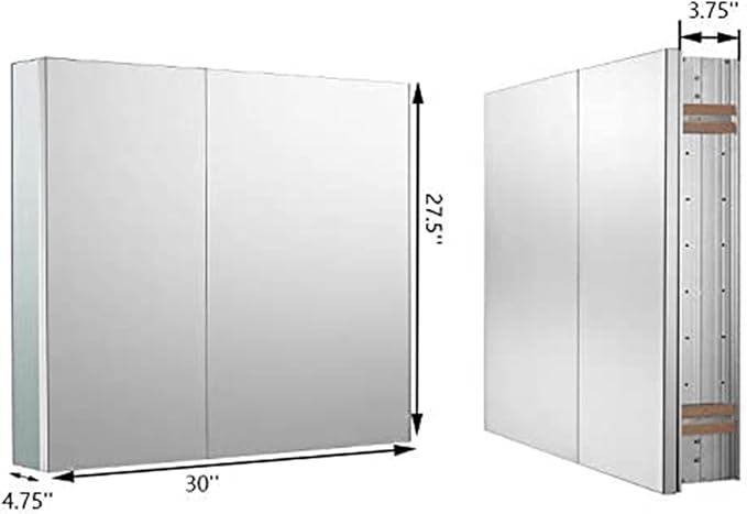 Sunrosa Aluminum Bathroom Medicine Cabinet with Mirror Door, 30"×27.5" Bathroom Mirror Cabinet, Wall-mountable and Recessed-in Mirror Cabinet, 2 Doors Medicine Cabinet Organizer II