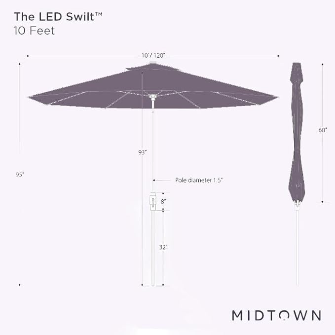 Midtown Umbrellas The LED Swilt 10 Feet Patio Umbrella With Sunbrella Macaw Acrylic Fabric - Auto-Tilt Aluminum Frame With LED Lights For Backyard, Deck, Garden, Pool - Black Pole