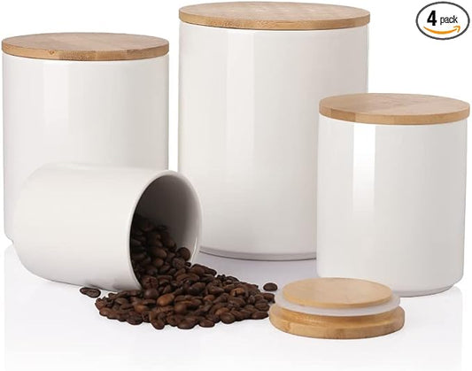 Sweejar Ceramic Canisters Set, Food Storage Jars with Airtight Seal Bamboo Lid, Stackable Containers for Kitchen Counter, Ground Coffee, Flour, Sugar, Cookie, Dog Treats, Candy, Pack of 4 (White)
