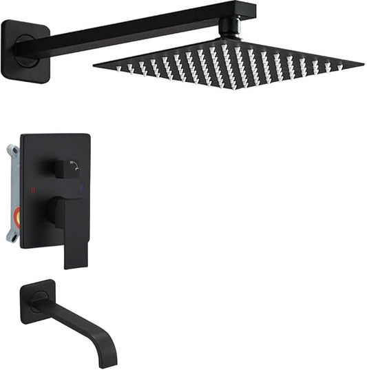 Matte Black Shower Faucet Set with Tub Spout Bathroom Luxury Rain Mixer Shower Head System Wall Mounted Shower Faucet Complete, Single Handle Tub and Shower Trim Kit with Rough-in Valve