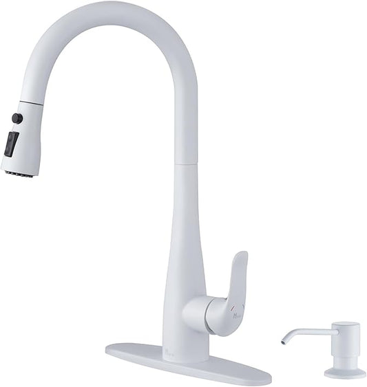 Kitchen Faucet with Soap Dispenser and Pull Down Sprayer - Stainless Steel Single Handle Kitchen Sink Faucet, 1 or 3 Hole Design for Modern Farmhouse Kitchens, Rv, and Bar Sinks(White)