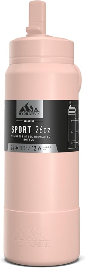 Hydrapeak 26oz Sport Insulated Water Bottle with Straw or Chug Lid, Leak & Spill Proof, Keeps Drinks Cold for 24 Hours, Hot for 12 Hours, Premium Stainless Steel Water Bottles (26oz, Peony)