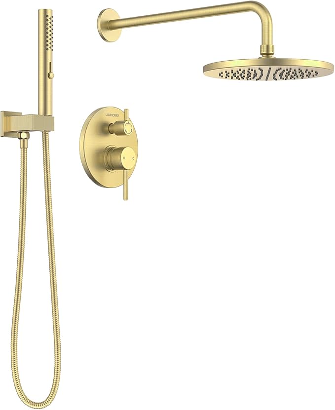Lava Odoro Modern 2-Setting Round Rain Shower System, Gold Rainfall Shower Faucet Set Rain Shower Head and Handle Set, Shower Valve Trim Kit, 10 Inch, Brushed Gold, SF104-SG