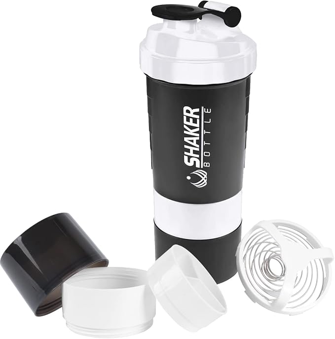 Protein Shaker Bottle - Sports Water Bottle - Non Slip 3 Layer Twist Off 3oz Cups with Pill Tray - Leak Proof Shake Bottle Mixer- Protein Powder 16 oz Shake Cup with Storage