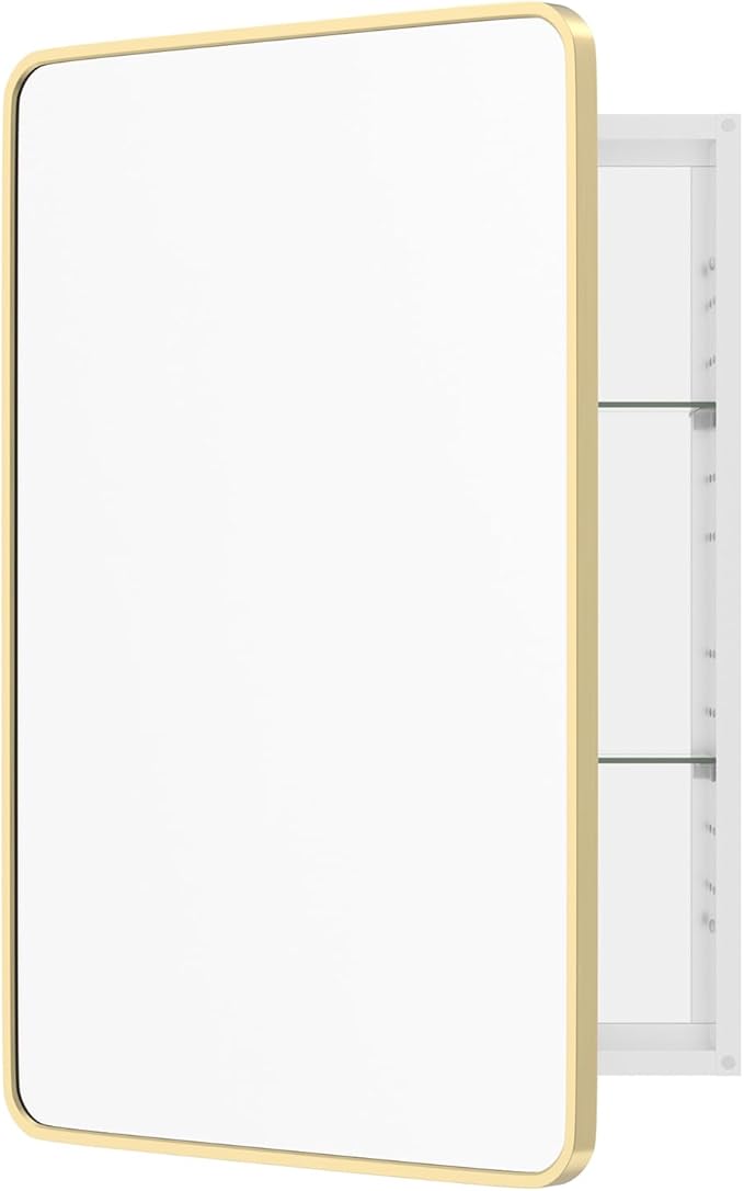 WallBeyond Bathroom Medicine Cabinet with Mirror, 24x36 Inch Gold Recessed Medicine Cabinet with Round Corner Aluminum Alloy Metal Framed, Single Door Modern Mirror Cabinet with Storage